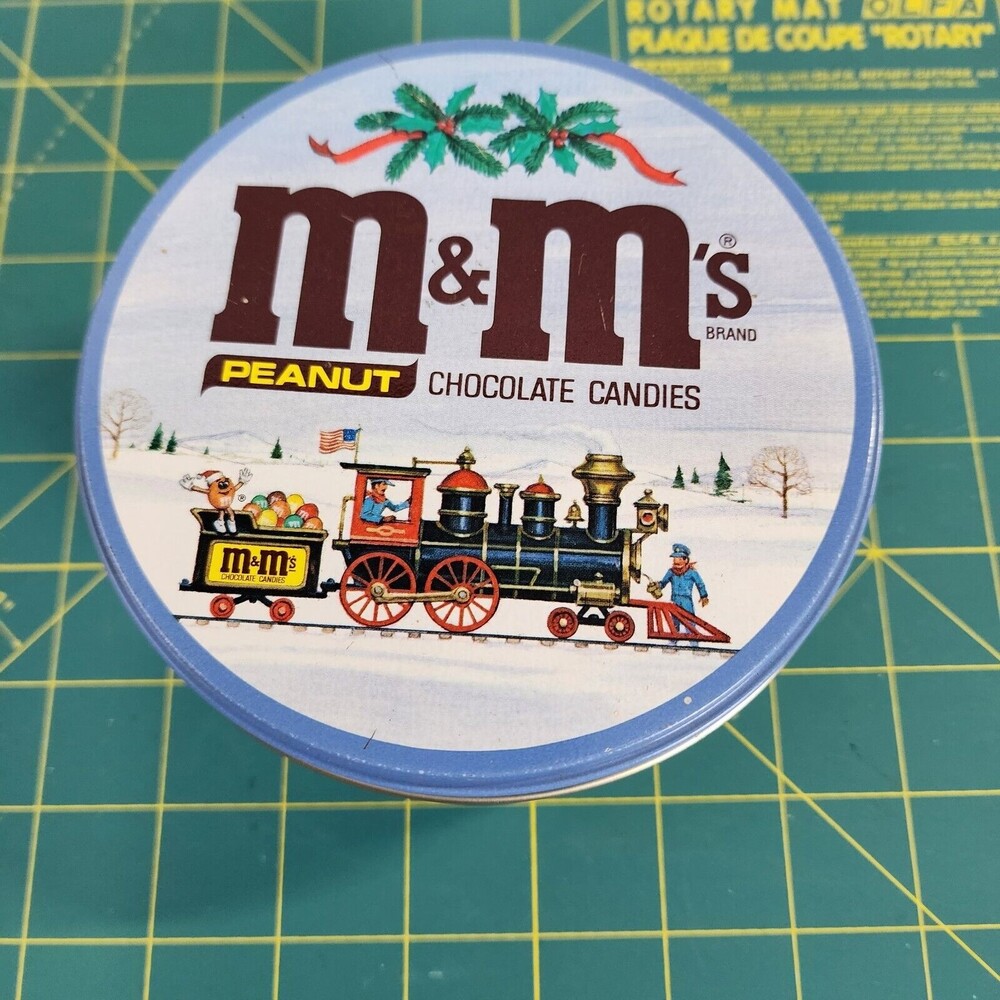 1990's Round M & M's Peanut Chocolate Candies With Train Scene Collector's Tin